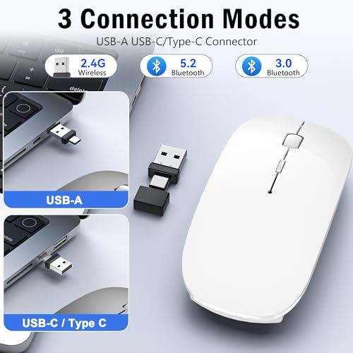 Wireless Mouse for MacBook Air iPad Pro PC Laptop, Bluetooth Rechargeable Computer Mice with Jiggler Mode, Silent 3 Mode (BT 5.2/3.0 & USB-A/USB-C Receiver) Type-C Slim Travel Mouse, White