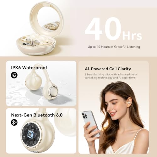 Open Ear Clip On Earbuds Wireless Headphones with Mirror(Skin)