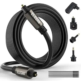 Elecan Optical Audio Cable 50 Ft Digital Audio Toslink Cable Cord-Fiber Optic-Gold Plated-Flexiable&Durable-for Home Theater,Sound Bar,PS4&Xbox-with 4 Right Angled and Mini Toslink Adapters+Ties