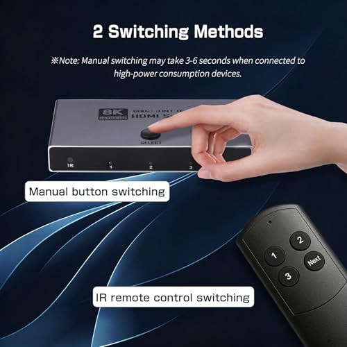 8K@60Hz HDMI 2.1 Switch 3 in 1 Out, HDMI Switcher with Remote, CEC, VRR