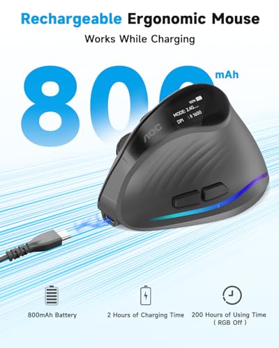 AOC Ergonomic Mouse, 2.4GHz Wireless Bluetooth Vertical Mouse, Rechargeable - Image 5