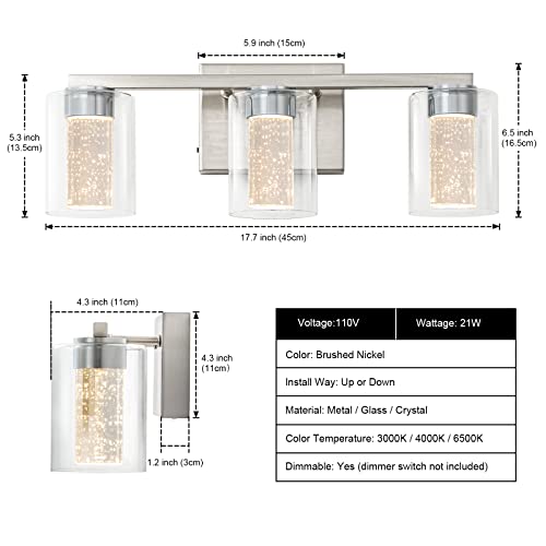 SineRise 3-Light Brushed Nickel Vanity Light with 3 Color Modes (3000K/4000K/6000K), Eye Protection LED Bathroom Light Fixture, Dimmable Modern Wall Light Over Mirror with Clear Glass Shade