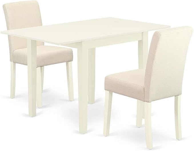 East West Furniture 1NDAB3-LWH-02 3 Piece Kitchen Table Set Contains a Rectangle Dining Room Table with Dropleaf and 2 Light Beige Linen Fabric Parson Dining Chairs, 30x48 Inch, Linen White