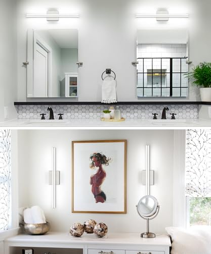 SOLFART Vanity Lights for Bathroom Brushed Nickel Dimmable Bathroom Lighting Over Mirror 24 Inch LED Wall Lights S8200-610mm-NK-D