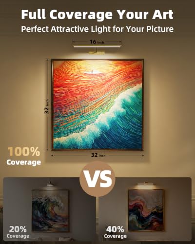 EZVALO Picture Light for Wall, 4800mAh Rechargeable Wireless Remote, 16‘’ Dimmable Magnetic LED Art Display Light with 3 Color Temperatures, for Gallery, Living Room, Bedroom, Hallway (Gold)