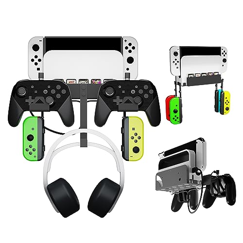 EJGAME Wall Mount Bracket Compatible with Nintendo Switch/OLED,Metal Wall Mount Kit Shelf Stand Accessories with Hooks for Hanging Headphone and Joy-Cons, Dual Controller Holder (Black)