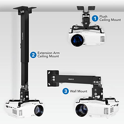 Mount-It! Projector Ceiling Mount and Wall Mount with Adjustable Arm, Universal Projector Mount for LCD/DLP Projectors, Flush Mount Option, Built-in Cable Management, 40lb Capacity, Black