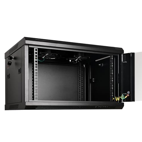 RackPath 6U Professional Wall Mount Server Cabinet Network Rack Enclosure with 2X Quiet Cooling Fan, 1x Brush Cable Management Panel, Black