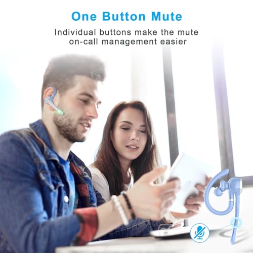 HEIBAS Bluetooth Headset, Wireless Earpiece with Mic for Work Light Blue