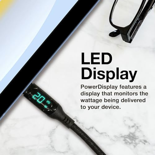 BoxWave Cable Compatible with Motorola Moto Pad 60 - PowerDisplay PD Cable (6ft) - USB-C to USB-C (100W), LED Wattage Info Extra Long Braided Nylon - Jet Black