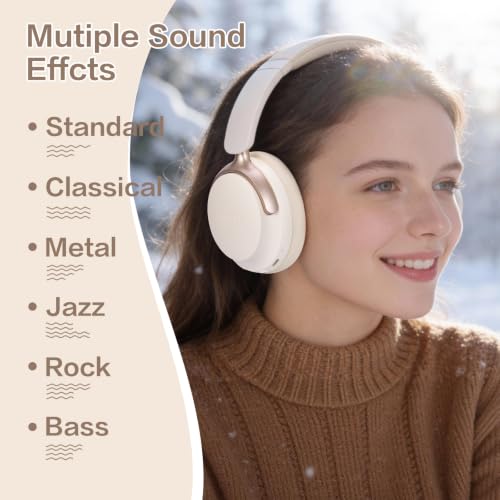 B8 Bluetooth Headphones Over Ear, 6 EQ Music Modes and 50H Playtime Deep Bass Wireless Headphones with Mic, Lightweight Folding HiFi Stereo Headset for iPad/Travel/Tablet/PC/Home Beige White