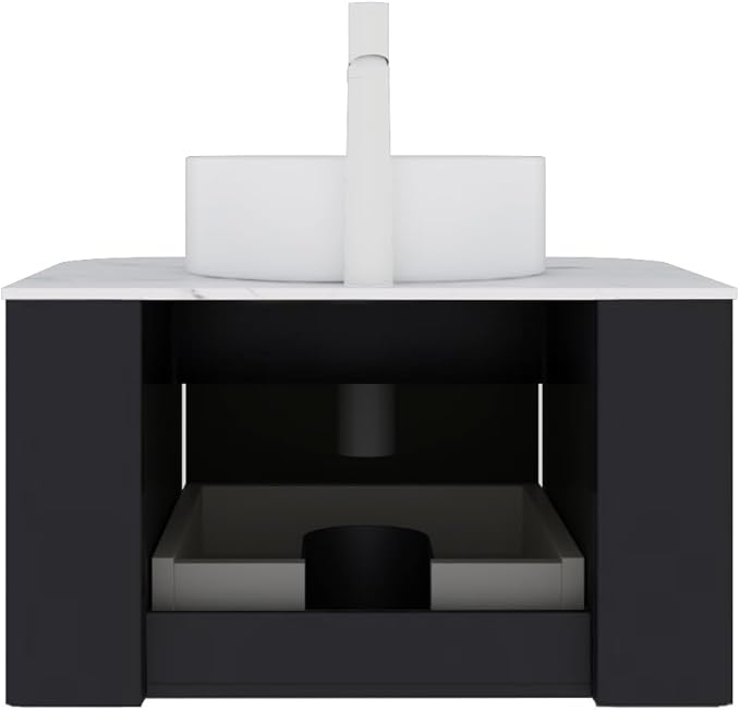 KEIKI 24" Wall-Mounted Floating Bathroom Vanity with Sink Combo, Modern 3D Striped Storage Cabinet with Curved Edges & Soft-Close Drawer, Ceramic Basin Without Faucet, Black