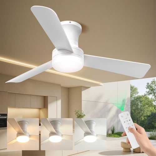 LANMEL 42 Inch White Low Profile Ceiling Fan with Light and Remote