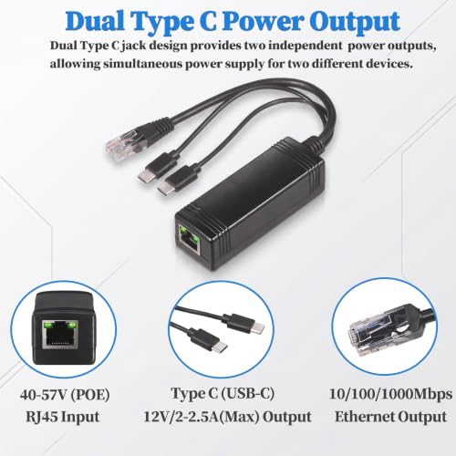 Gigabit PoE Splitter with Dual Type C Output, USB-C 12V 2.5A Max Output, Comply IEEE 802.3af/at, 10/100/1000Mbps, Total 30W Output, Plug and Play for IP Camera, Wireless AP (PD3009G)