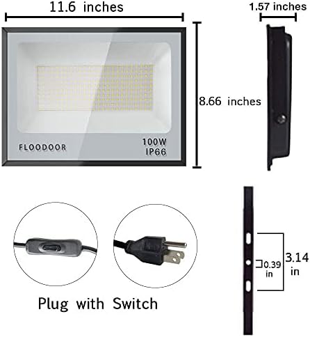 100W LED Flood Lights Outdoor, 10000LM Super Bright Flood Light with Plug, IP66 Waterproof Safety Work Lights for Yard, Garden, Playground, Basketball Court (2 Pack)