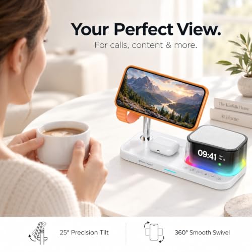 Qi2.2 25W Magnetic Wireless Charging Station, 5-in-1 Charger Stand with Bluetooth Speaker, Alarm Clock & Night Light for iPhone 12–17, Apple Watch, AirPods, Galaxy & Pixel (Qi)