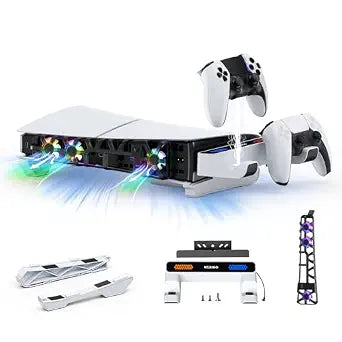 NexiGo Slim Horizontal Stand for PS5 with Charging Station for Dual_Sense&Dual_Sense Edge Controllers,Silent Cooling Fan w/Intelligent Temperature Control, LED Indicators, White