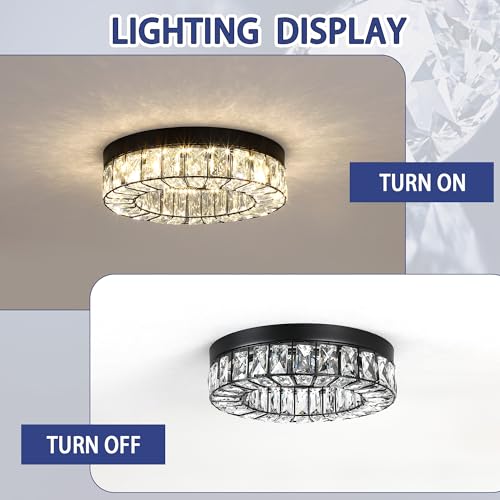MEXO Crystal LED Flush Mount Ceiling Light Fixtures Modern Black LED Chandelier Lighting for Kitchen Closet Hallway Bedroom Foyer Laundry Room