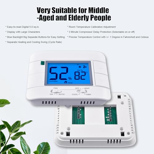Thermostat Non Programmable Heat Pump Thermostat for House 2H/1C, with Large LCD Display of Room Temperature and Humidity