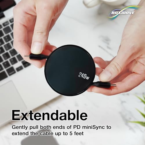 BoxWave Cable Compatible with Tronsmart Halo 100 Portable Party Speaker - PD miniSync (240W), Retractable PD 240W Portable USB Type-C Cable - Jet Black
