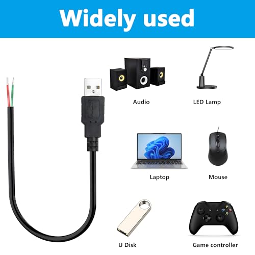 USB 2.0 to Bare Wire Cable,USB Type A Male Plug to 2 Pin Open End Bare Wire Pigtail Power Cord,24AWG 5V 2.5A 2 Cores Power Extension Cable for LED Strips, DIY Projects Electronics Repair-0.3M (5 PCS)
