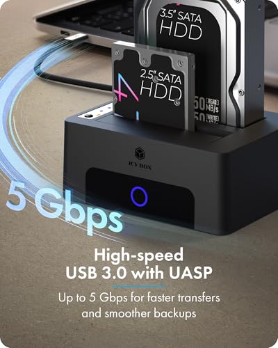 ICY BOX Dual-Bay Hard Drive Docking Station for 2.5 & 3.5 SSD HDD Up to 60TB , USB C 3.0 to SATA I/II/III Hard Drive Enclosure Reader with Offline Clone and Duplicator Function Tool Free Plug&Play