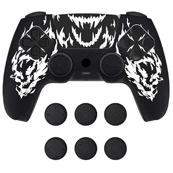 PlayVital Design for PS5 Controller Skin Cover Fit with Charging Station - Anti-Slip Silicone Controller Grip Case for PS5 with 6 Thumb Grip & Sticker, Pure Series Dockable Model - Carving Fire Skull