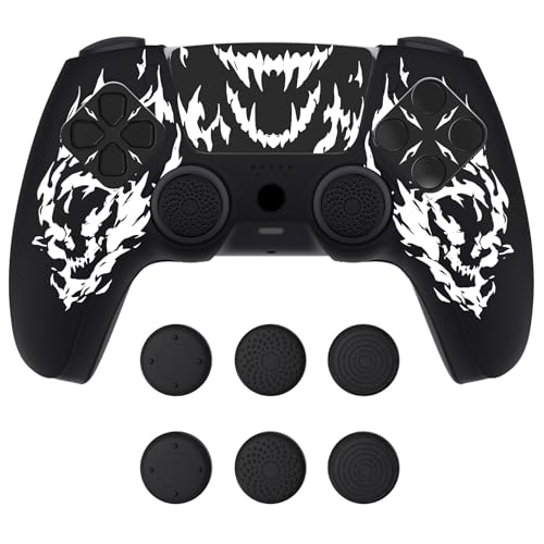PlayVital Design for PS5 Controller Skin Cover Fit with Charging Station - Anti-Slip Silicone Controller Grip Case for PS5 with 6 Thumb Grip & Sticker, Pure Series Dockable Model - Carving Fire Skull