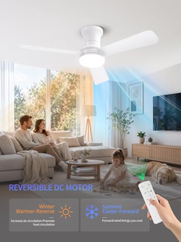 LANMEL 42 Inch White Low Profile Ceiling Fan with Light and Remote