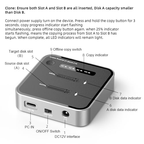 M.2 Duplicator Dual Bay NVMe SSD Cloner with USB-C, 20Gbps USB 3.2 Gen 2X2 Tool-Free M Key PCIE NVMe SSD Reader Docking Station
