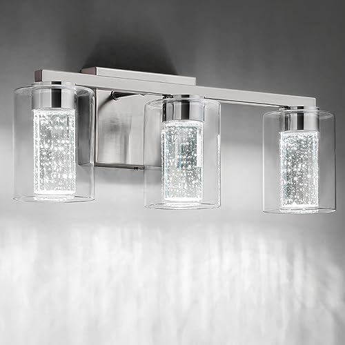 SineRise 3-Light Brushed Nickel Vanity Light with 3 Color Modes (3000K/4000K/6000K), Eye Protection LED Bathroom Light Fixture, Dimmable Modern Wall Light Over Mirror with Clear Glass Shade