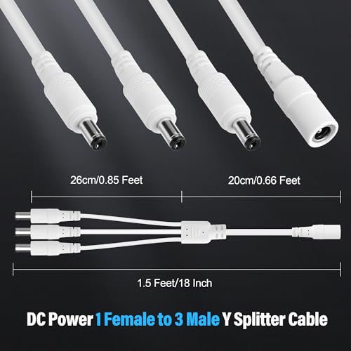 12V DC Power 1-in-3 Out Y-Adapter Splitter Cable 1.5 Feet (2-Pack), 5.5 mm x 2.1 mm DC 1 (Female) to 3 (Male) Y Splitter Supply Adapter Wire,3 Way Y-Cable for CCTV Security Camera, LED Strip, Router