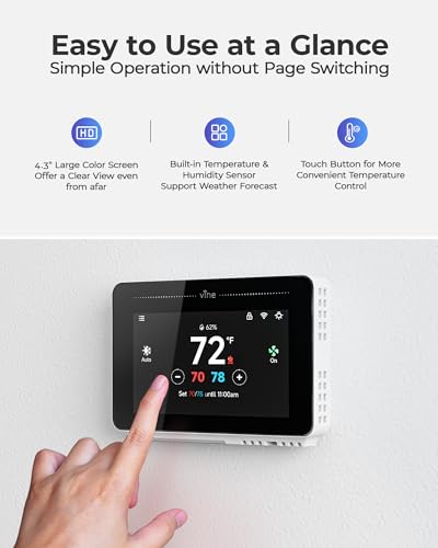 Vine Smart Thermostat for House with Nightlight, 4.3 Inches WiFi Thermostats for Home Compatible with Alexa and Google Assistant, 7day x 8period Programmable, C-Wire Required