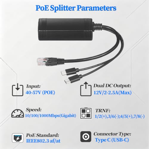 Gigabit PoE Splitter with Dual Type C Output, USB-C 12V 2.5A Max Output, Comply IEEE 802.3af/at, 10/100/1000Mbps, Total 30W Output, Plug and Play for IP Camera, Wireless AP (PD3009G)