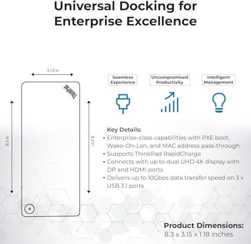 40AF0135US Docking Station Dual Monitor Hybrid USB-C with USB-A - 1 Year Warranty, Thinkpad Dock w/ 135W Adapter, HDMI, DisplayPort, USB-C Cable, Cloth - Laptop Docking Station (Renewed)