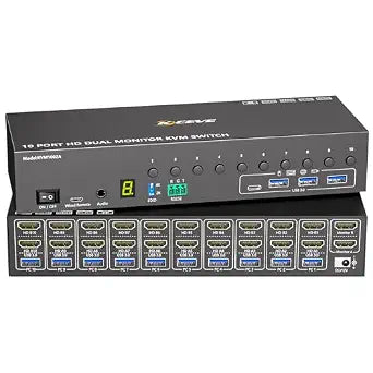 10 Port HDMI KVM Switch 2 Monitors 10 Computers 4K@60Hz EDID Simulation,Dual Monitor KVM Switch with 4 USB 3.0 Ports for Keyboard Mouse Printer,Audio RS232,with Controller,12V Power and 10 USB Cables