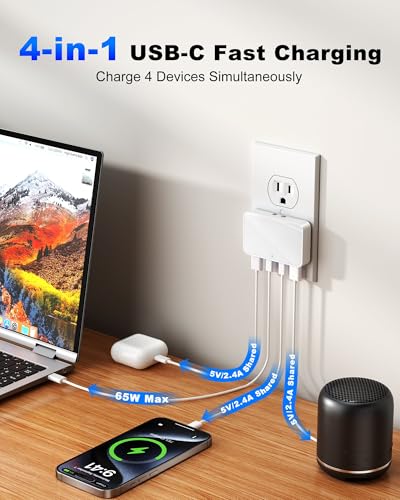 65W USB Wall Charger Block, 4-Port Thin GaN Flat USB C Wall Plug for Home Office & Travel, Fast Charging Brick Adapter for iPhone 17/16 Series, MacBook Pro/Air and More - Image 4