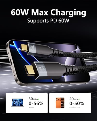 33ft Long USBC Cable,5Gbps Data Transfer,60W Fast Charging,4K@60Hz Video Output,Black Nylon Braided USB C Cable with Gold-Plated Connectors,Compatible with Laptop,Monitor, Docking Station,
