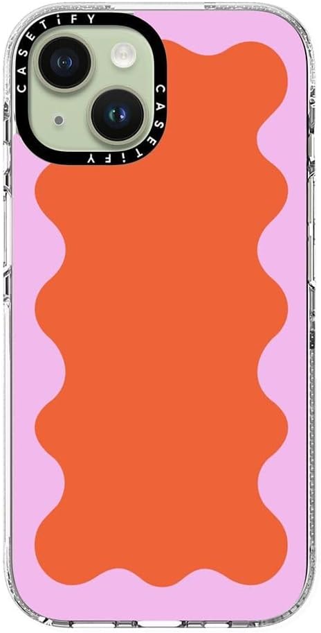 CASETiFY Clear iPhone 15 Case [Not Yellowing / 6.6 ft. 3X Military Grade Drop Protection/Compatible with Magsafe] - Pink Wavy Border on Orange - Clear