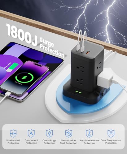 Power Strip Tower with Surge Protector 1800J, Fast Charging Tower PD20W USB-C Ports with 8 AC Outlets, Extension Cord for Home Office Dorm Room, Black, 5FT