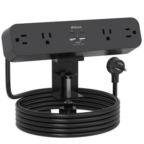 Mifaso Desk Clamp Power Strip 10FT, 40W USB C Fast Charging Station, Black