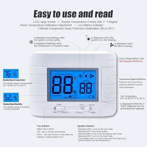 Thermostat Non Programmable Heat Pump Thermostat for House 2H/1C, with Large LCD Display of Room Temperature and Humidity