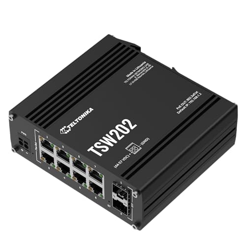 Teltonika TSW202 TSW202000001 Managed PoE+ Ethernet Switch, 8 Gigabit Ethernet Ports, 2 SFP Ports, Layer 2 with Layer 3 Features, PROFINET Certified, DIN Rail Mountable