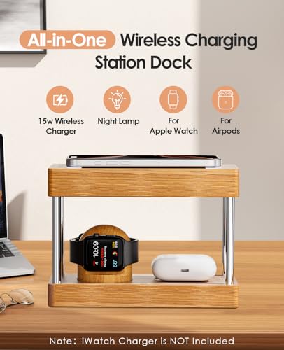 Nightstand Charging Station, 4 in 1 Bamboo Wireless Charging Station for Multiple Devices, Bedside Lamp Charger for iPhone/AirPods/iWatch, Birthday Gifts