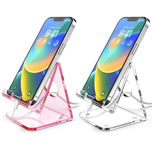2 Pack Acrylic Phone Stand, Phone Holder for Office Desk, Vanity, Kitchen Counter, Bedside Table, Compatible with iPhone 17 16 15 14 13 12 11 Pro Max Plus/Smartphones/iPad/Switch - Clear & Pink - Image 2