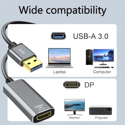 USB to DisplayPort Cable Adapter, Built-in Drivers, USB 3.0 to DisplayPort HD 1080P Monitor Converter Cord with Audio for Desktop, Laptop Link to Monitor, Projector, Compatible with Mac OS/Windows