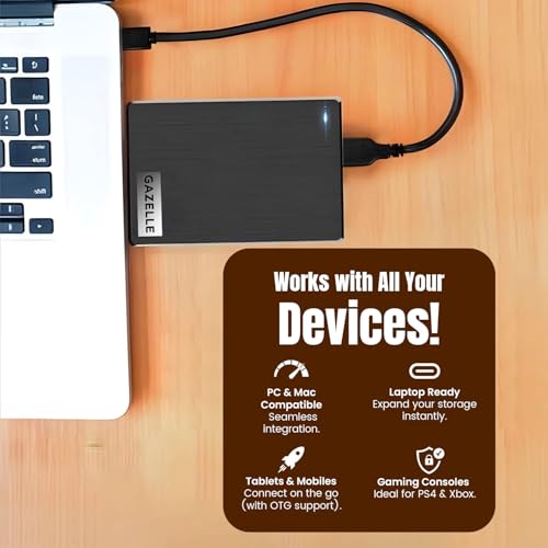 GAZELLE High-Speed 500GB Ultra Slim Portable External Hard Drive - 2-in-1 Type C & USB 3.0, Compatible with PC, Mac, Laptop, PS4, Xbox, iPad, Tablet, Mobile (Black) - 1 Year Warranty