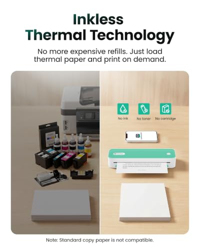 P1 Portable Inkless Printer, 203 DPI Wireless Thermal Printing for iPhone Android Laptop PC, Print US Letter Documents Receipts Anywhere, for Travel Remote Work Home Office School, Green