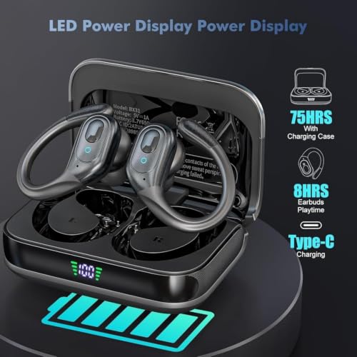 sajawass Wireless Earbuds Bluetooth 5.4 Headphones, Noise Canceling Ear Buds with 75hr Playtime, LED Power Display, IPX7 Waterproof Earphones Over Ear Earphones for Sports/Workouts