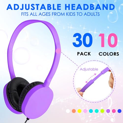 30 Pack Kids Headphones Bulk for School Classroom Students Teens Toddler, Wired Adjustable Headsets for Libraries Families Childern and Adults (PU102,30 Mixed)